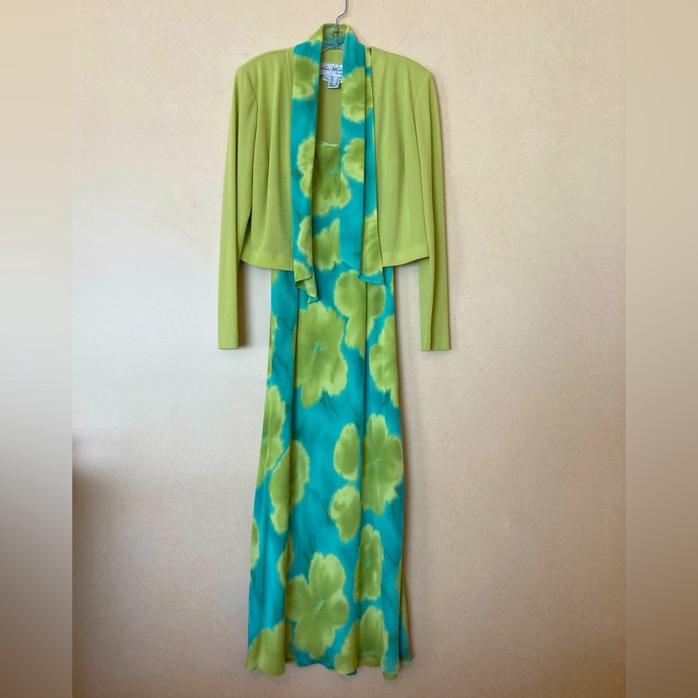 Vintage 3 piece evening dress Lori Weidner size 8 lime green & blue w/ bolero
